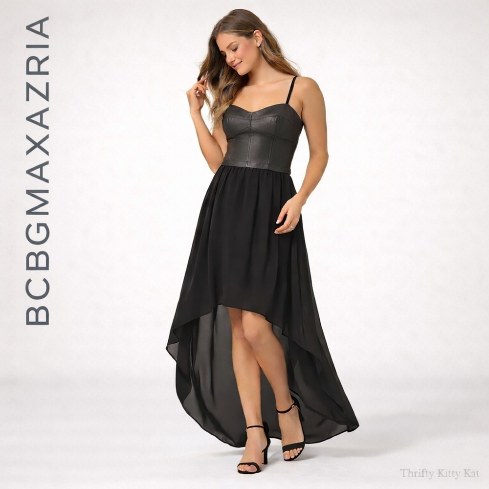 BCBGMAXAZRIA‎ Leandra Bustier High Low Dress Faux Leather Chiffon Black S